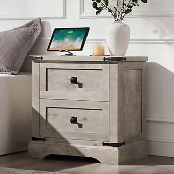 Farmhouse Night stand with Charging Station, 2 Drawer Bedroom End Table, Rustic Wood Nightstand