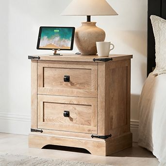 Farmhouse Night stand with Charging Station, 2 Drawer Bedroom End Table, Rustic Wood Nightstand