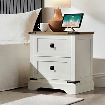 Farmhouse Night stand with Charging Station, 2 Drawer Bedroom End Table, Rustic Wood Nightstand