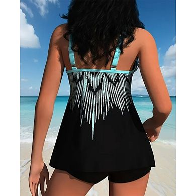 Women's 2-Piece Tankini Set - Gradient Stripe Print Flared Tunic Top & High-Waisted Boyshorts