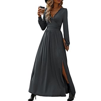 Women's Lace Trim V-Neck Long Sleeve Maxi Dress, Ruched Waist Flowy Dress