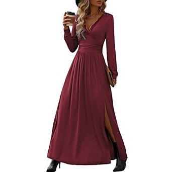 Women's Lace Trim V-Neck Long Sleeve Maxi Dress, Ruched Waist Flowy Dress
