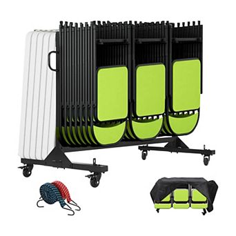 Folding Chair Rack with Wheels, Heavy-Duty Chair and Table Cart with Rain Cover Elastic Cords