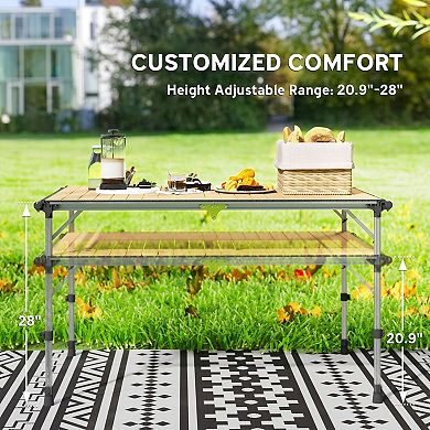 Large Portable Folding Camping Table with Adjustable Legs and Aluminum Frame for Picnic or Tailgate