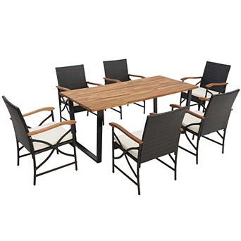 7 pc Patio Dining Set with Acacia Wood Table and Umbrella Hole
