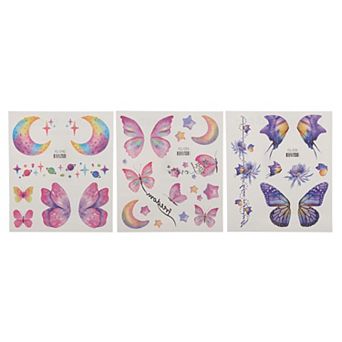 No Adhesive Butterfly Moon Pattern Fake Tattoos Blue Purple 3 pc