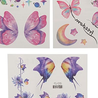 No Adhesive Butterfly Moon Pattern Fake Tattoos Blue Purple 3 Pcs