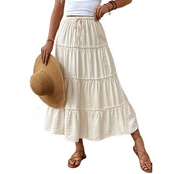 Women's Summer Boho Flowy Flared Ruffle Maxi Skirts Solid Color Casual Beach Vacation Long Skirt