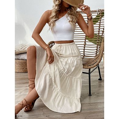 Women's Summer Boho Flowy Flared Ruffle Maxi Skirts Solid Color Casual Beach Vacation Long Skirt