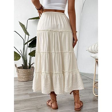 Women's Summer Boho Flowy Flared Ruffle Maxi Skirts Solid Color Casual Beach Vacation Long Skirt