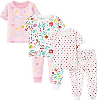 Girls 3-Pack Pajamas Hearts Flowers Candy Snug Fit Short Sleeve PJs
