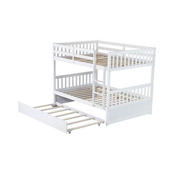 KWPZQEB Rubber Wood Full Over Full Bunk Bed with Trundle, Ladder & Guardrails, Convertible