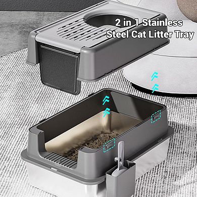 Stainless Steel Cat Litter Box with Lid, Dual Entry Front Door & Top Exit, Enclosed for Odor Control