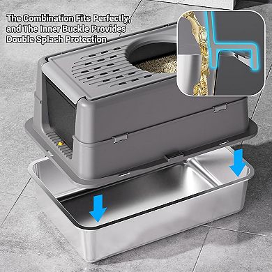 Stainless Steel Cat Litter Box with Lid, Dual Entry Front Door & Top Exit, Enclosed for Odor Control