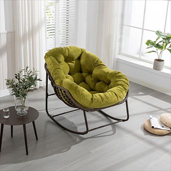 KWPZQEB Outdoor Rattan Rocker Recliner Chair with Padded Cushion for Living Room, Patio, Stripe