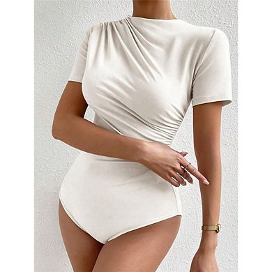Women's Solid Color Ruched Mock Neck T Shirt Short Sleeve Fitted Basic Tops