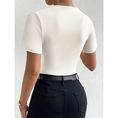 Women's Solid Color Ruched Mock Neck T Shirt Short Sleeve Fitted Basic Tops