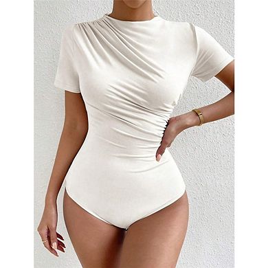 Women's Solid Color Ruched Mock Neck T Shirt Short Sleeve Fitted Basic Tops