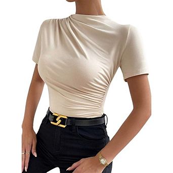 Women's Solid Color Ruched Mock Neck T Shirt Short Sleeve Fitted Basic Tops