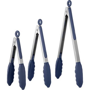 7/9/12 Inch Silicone Tongs Set, 600°F Heat Resistant Non-Stick Stainless Steel Midnight Blue
