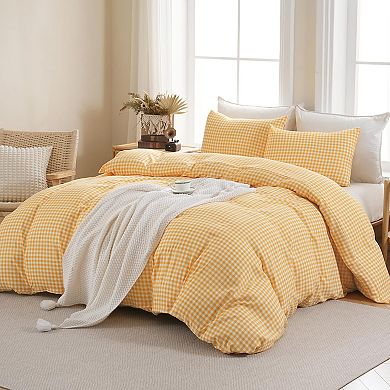 Prewashed Soft Gingham Duvet Cover Set, 3 Pieces, Queen Size