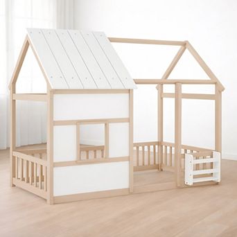 Heybly Twin Size House Floor Bed Frame with LED Lights and Bookshelf,Wooden Kids Bed with Roof Frame