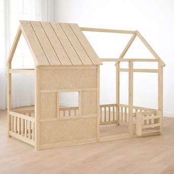 Heybly Twin Size House Floor Bed Frame with LED Lights and Bookshelf,Wooden Kids Bed with Roof Frame