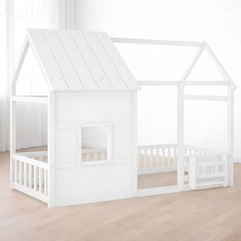 Heybly Twin Size House Floor Bed Frame with LED Lights and Bookshelf,Wooden Kids Bed with Roof Frame