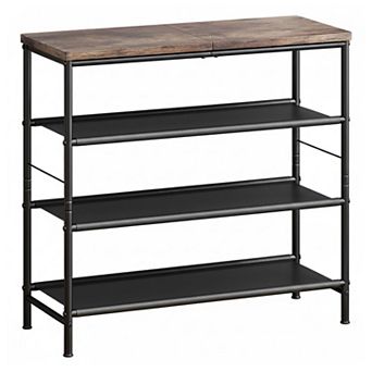 4 tier Metal Shoe Rack Organizer with MDF Top and Fabric Shelves Holds 12 to 16 Pairs Black Brown
