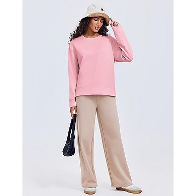 Pinspark Women's Soft Crewneck Sweatshirt Long Sleeve Lightweight Loose Fit Side Slit Fall Top