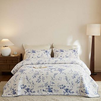 Marcielo 3 pc Cotton Blue & White Floral Quilt Bedspread Set