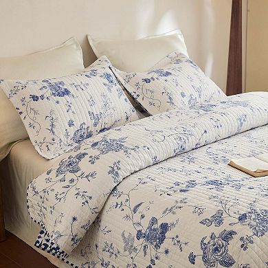 Marcielo 3Pcs Cotton Blue & White Floral Quilt Bedspread Set