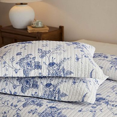 Marcielo 3Pcs Cotton Blue & White Floral Quilt Bedspread Set