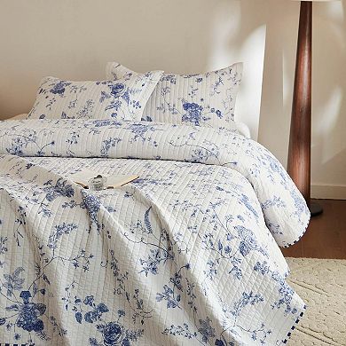 Marcielo 3Pcs Cotton Blue & White Floral Quilt Bedspread Set