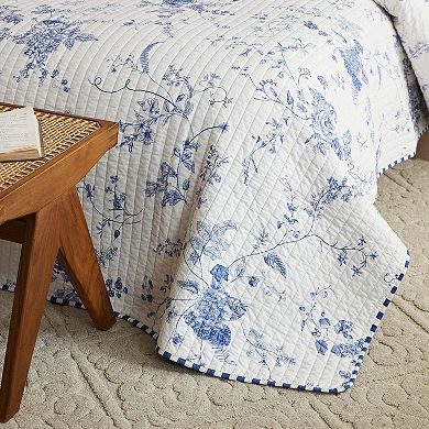 Marcielo 3Pcs Cotton Blue & White Floral Quilt Bedspread Set
