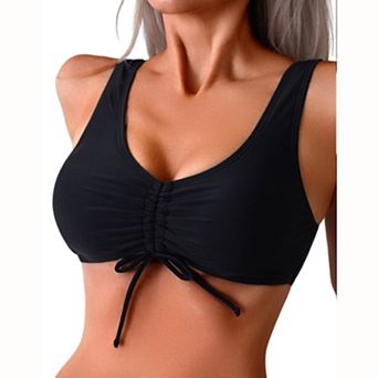 Women's V-Neck Ruched Front Tie Swimsuit Top - Sporty Scoop Back Bathing Suit for Beach & Pool