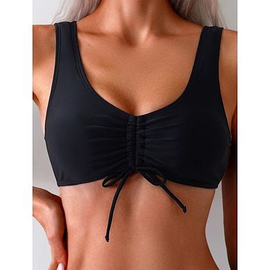 Women's V-Neck Ruched Front Tie Swimsuit Top - Sporty Scoop Back Bathing Suit for Beach & Pool