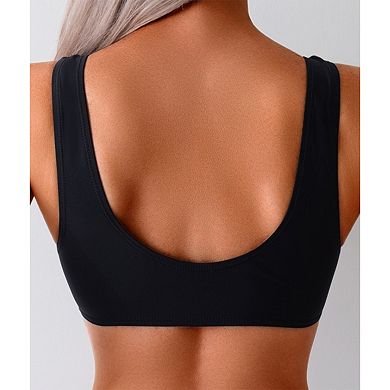 Women's V-Neck Ruched Front Tie Swimsuit Top - Sporty Scoop Back Bathing Suit for Beach & Pool