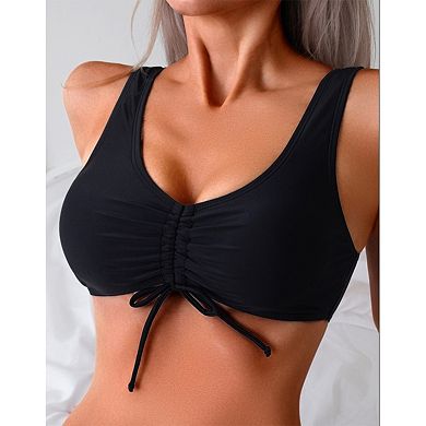 Women's V-Neck Ruched Front Tie Swimsuit Top - Sporty Scoop Back Bathing Suit for Beach & Pool