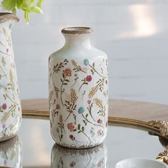 4.3x8.3" Ceramic Cylinder Vase with Multi-Colored Floral Motifs