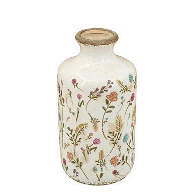 4.3x8.3" Ceramic Cylinder Vase with Multi-Colored Floral Motifs