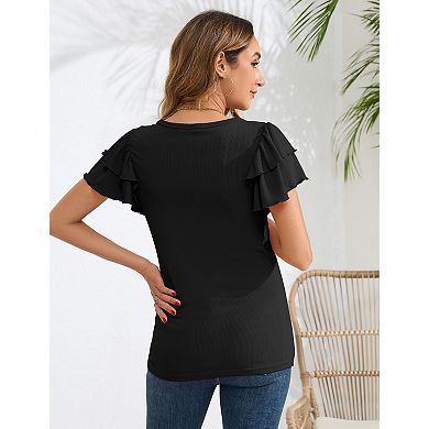 Womens Maternity Blouse Short Flutter Sleeve Crew Neck Basic Solid Ribbed Knit Summer Tops