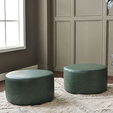 24" Faux Leather Round Upholstered Ottoman Set of 2