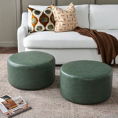 24" Faux Leather Round Upholstered Ottoman Set of 2