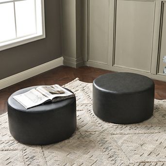 24" Faux Leather Round Upholstered Ottoman Set of 2