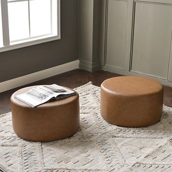 24" Faux Leather Round Upholstered Ottoman Set of 2