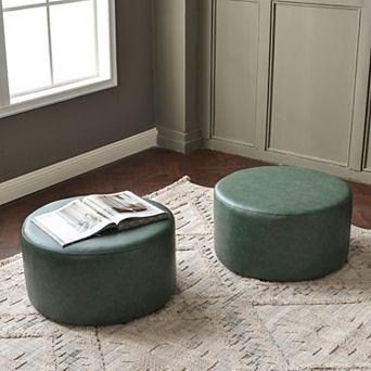 24" Faux Leather Round Upholstered Ottoman Set of 2