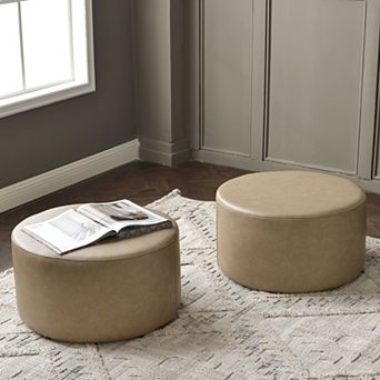 24" Faux Leather Round Upholstered Ottoman Set of 2