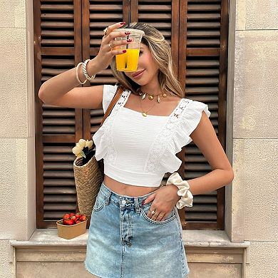 Women's Summer Tank Tops Square Neck Backless Cropped Top Casual Ruffle Tee Shirts Blouses