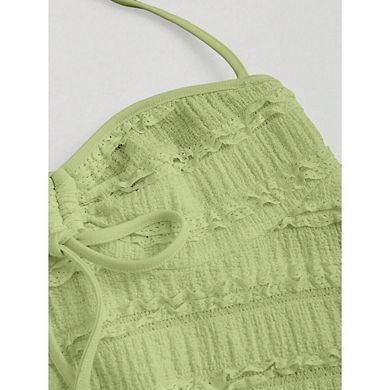 Women's Peplum Halter Crop Tops Drawstring Tie Ruched Solid Dressy Casual Spaghetti Strap Cami Top